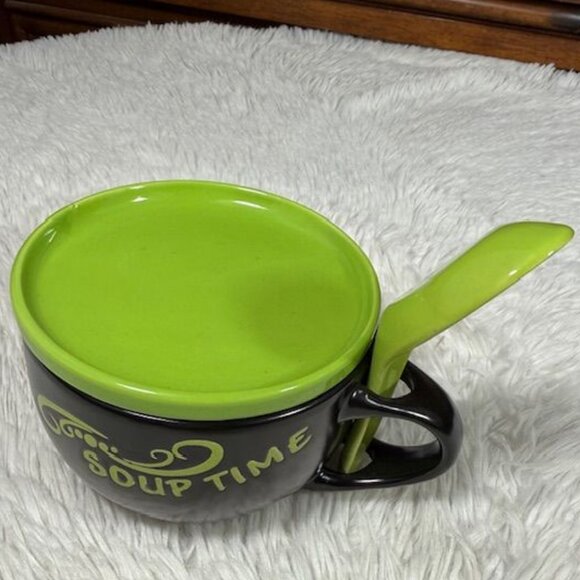 NWOT Soup Time Lime Green Black Soup Snack Tray Top Ceramic Mug with Spoon - Picture 6 of 12